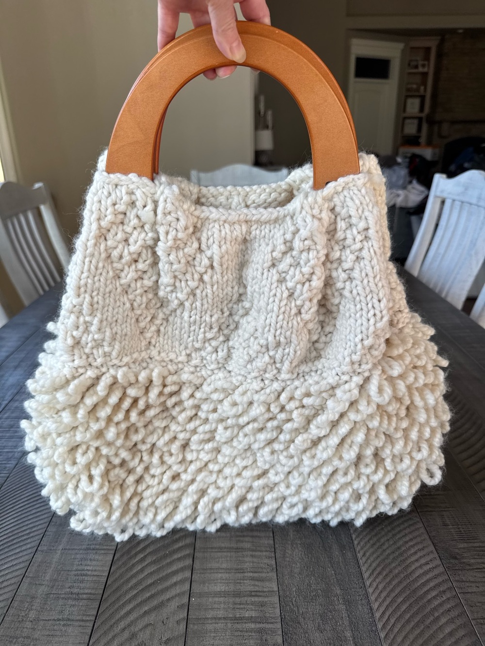 Handcrafted Cream Plush Knit Boho Tote Bag - Hand Bag With Wooden Handles